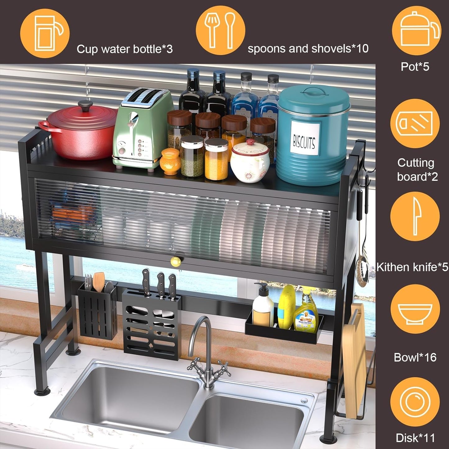 Over The Sink Dish Drainer Drying Rack 2 Tier Kitchen Sink Shelf Organized Space-Saving Dish Rack with Cover for Dishes, Glasses, Bowls