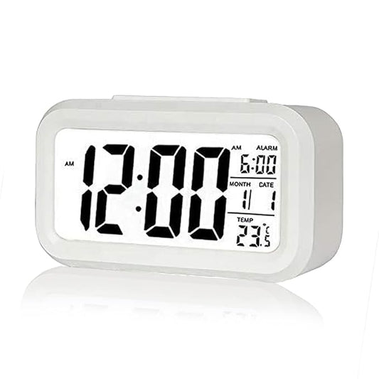 Digital Alarm Clock Table Clock for Students, Home, Office, Corporate with Automatic Sensor, Date & Temperature (White Digital)