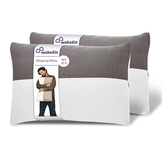 Height Adjustable Hollow Fiber Sleeping Pillow with Zip |(White and Grey, Standard, Set of 2, Microfiber)