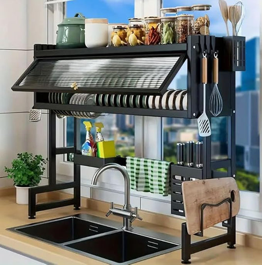 Over The Sink Dish Drainer Drying Rack 2 Tier Kitchen Sink Shelf Organized Space-Saving Dish Rack with Cover for Dishes, Glasses, Bowls