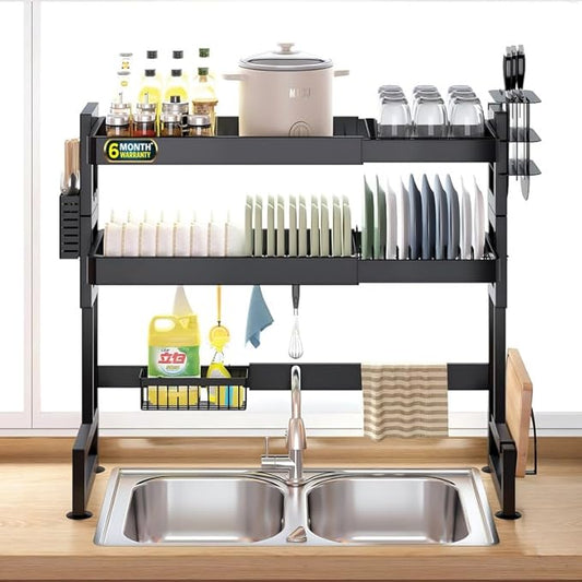 Length Adjustable Dish Drying Rack for Kitchen, 2 Layer, Over The Sink Bartan Stand, Carbon Steel (Black)