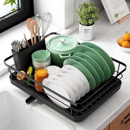Dish Drying Rack Space-Saving for Kitchen Drying Racks Counter Durable Stainless Steel Rack with a Cutlery Holder for Utensils Basket Drainer for Knives Spoons & Forks Vessel Drainer Basket
