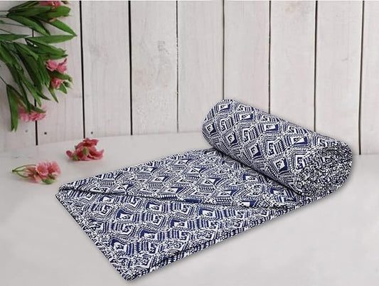 Linen 150 GSM Pure Cotton Reversible Dohar Double Bed Size | AC Blanket Comforter | Soft Light-Weight Bed Blanket (84 x 88 inch, Navy Blue Abstract) - Pack of 1 Festive Gifting