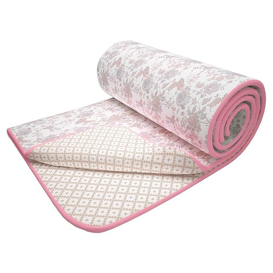 Blanket Double Bed | 100% Cotton Blanket | 150GSM Quilt | 225 x240 cm Reversible Dohar | Soft & Cozy AC Dohar Double Bed | Baby Pink & White | Floral Design Duvet | Ideal for Gifting