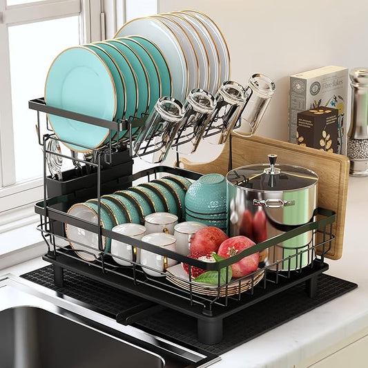 Dish Drying Rack, 2 Tier Dish Drainer Rack with Drip Tray and Drainer Mat, Stainless Steel Dish Rack with Utensil Holder, Swivel Spout, Draining Board for Kitchen Counter, Black